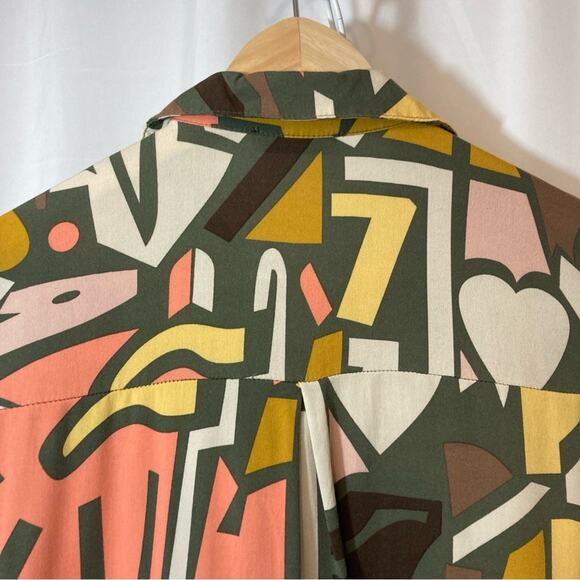 ❤️5/$25 SALE Big Dart Brown Orange Yellow Abstract Button Long Sleeve Blouse Top - Picture 8 of 9